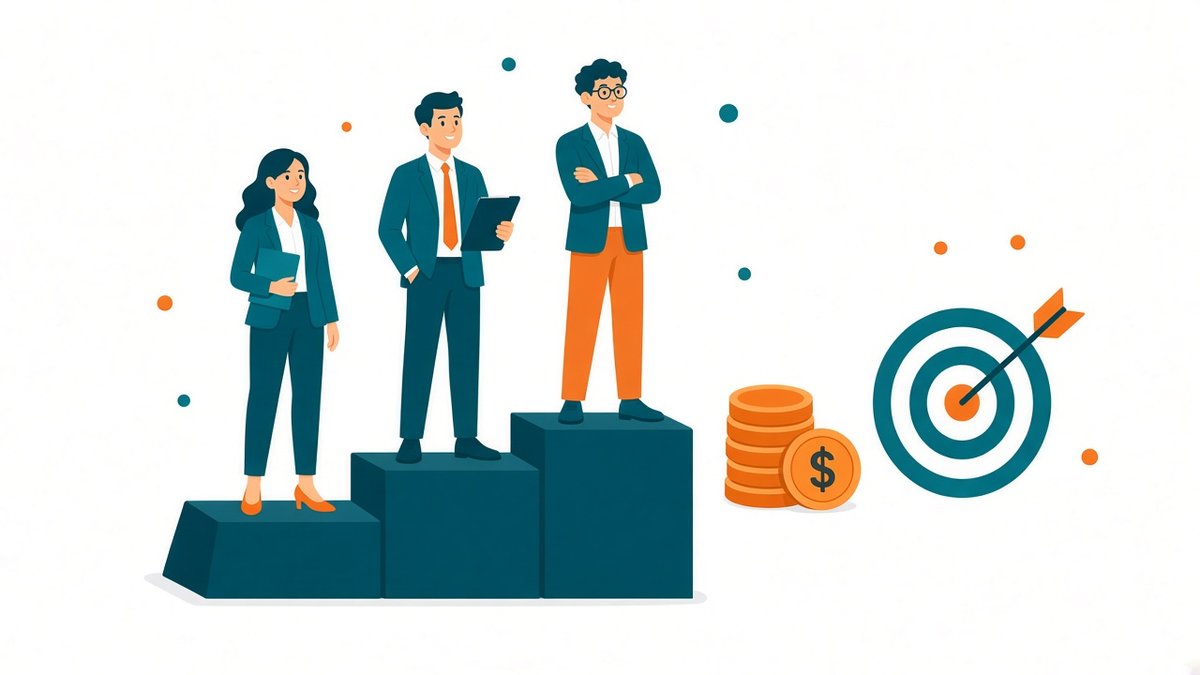 Ilustração de três vendedores em degraus crescentes com moedas e um alvo, representando comissão escalonada