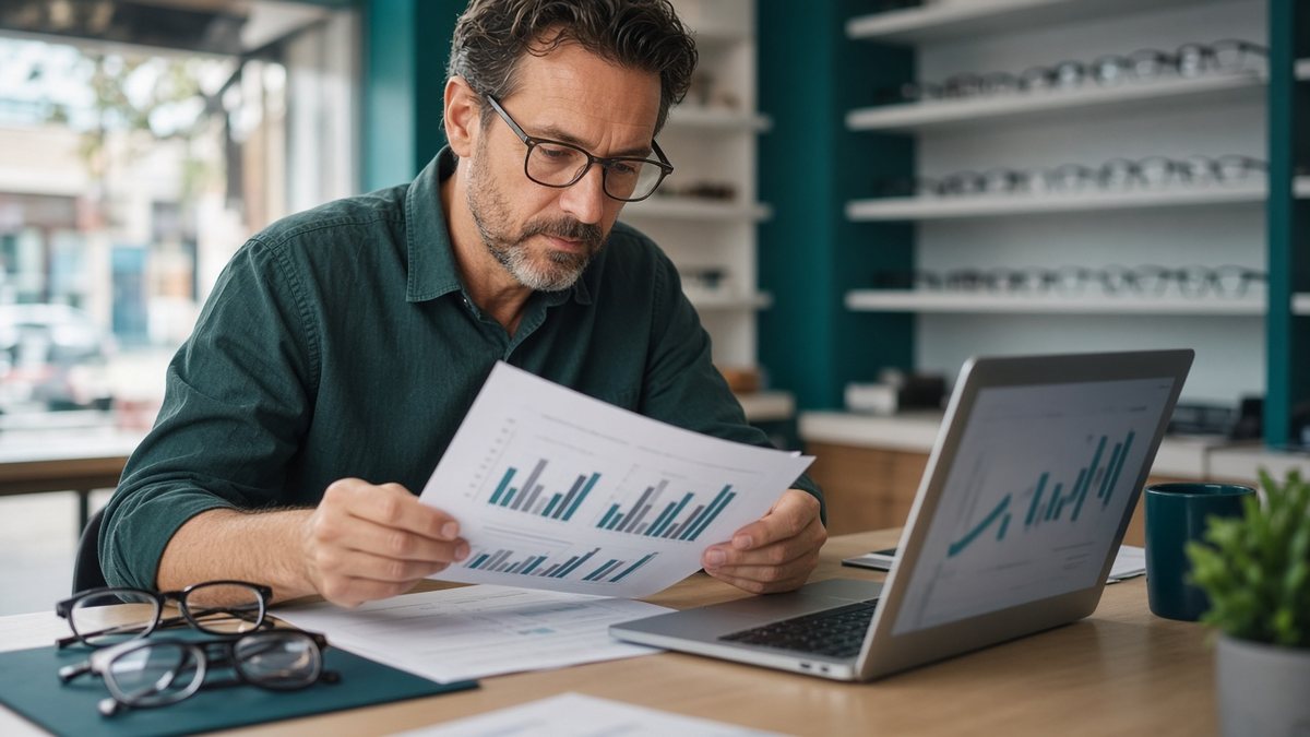 Dono de ótica analisando gráficos impressos e no notebook, com armações sobre a mesa
