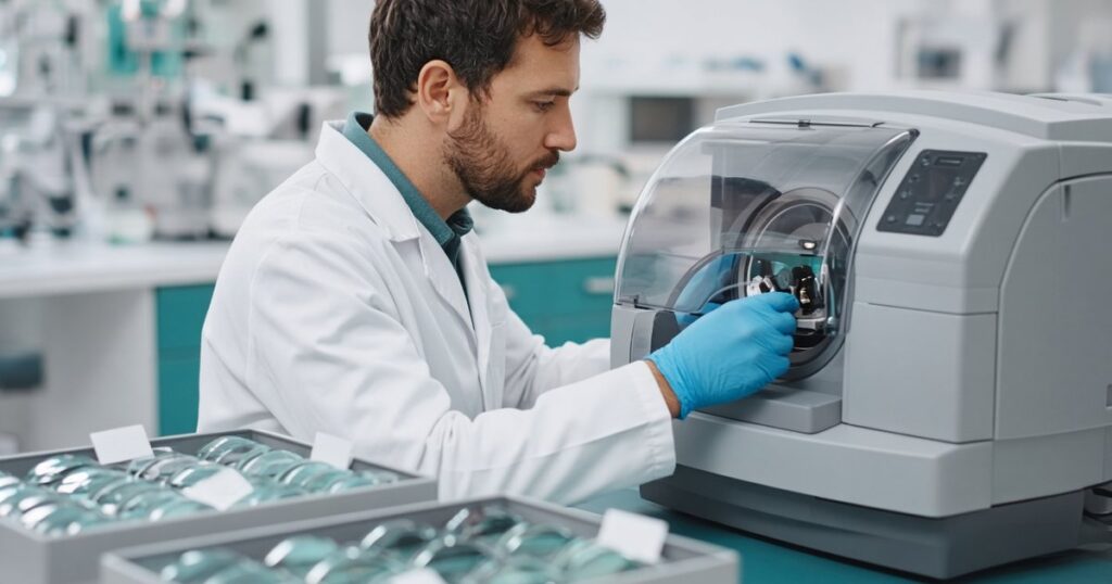 Técnico de laboratório óptico de jaleco operando máquina de surfaçagem e corte de lentes, com bandejas de lentes etiquetadas