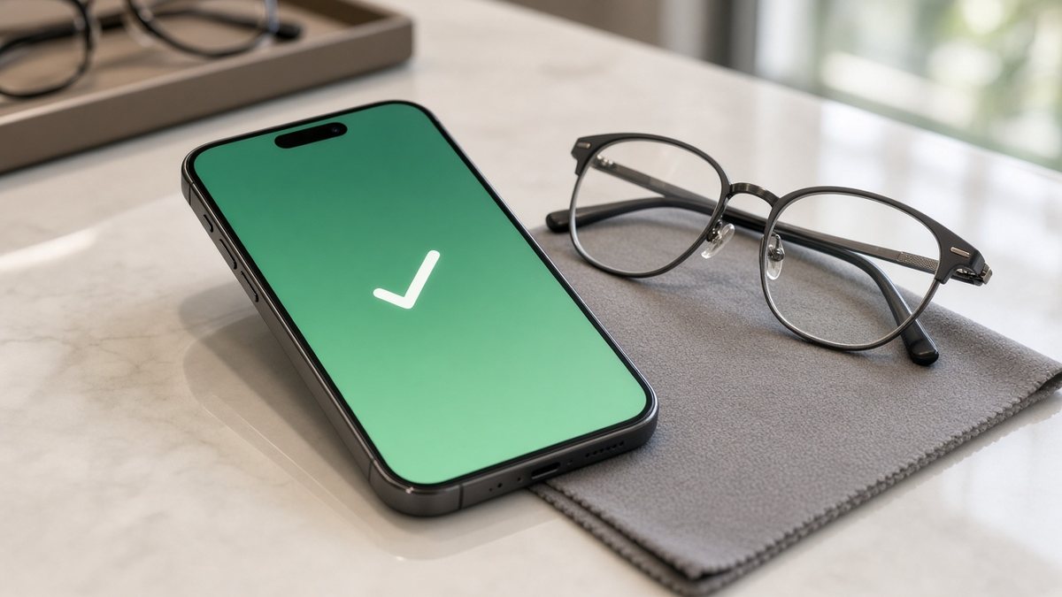 Celular com tela verde de confirmação ao lado de óculos novos e flanela sobre o balcão da ótica