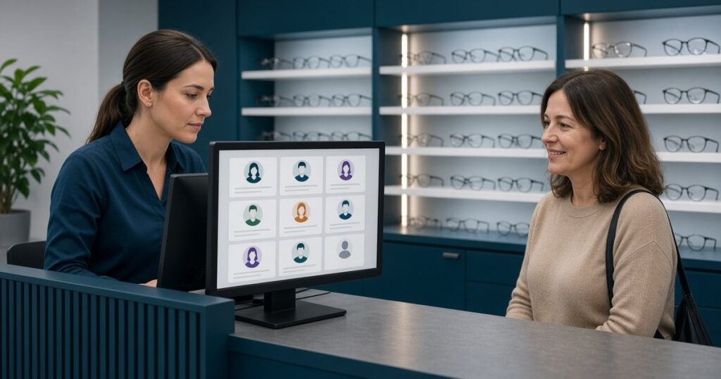 Atendente de ótica consultando fichas de clientes no monitor enquanto uma cliente aguarda sorrindo no balcão