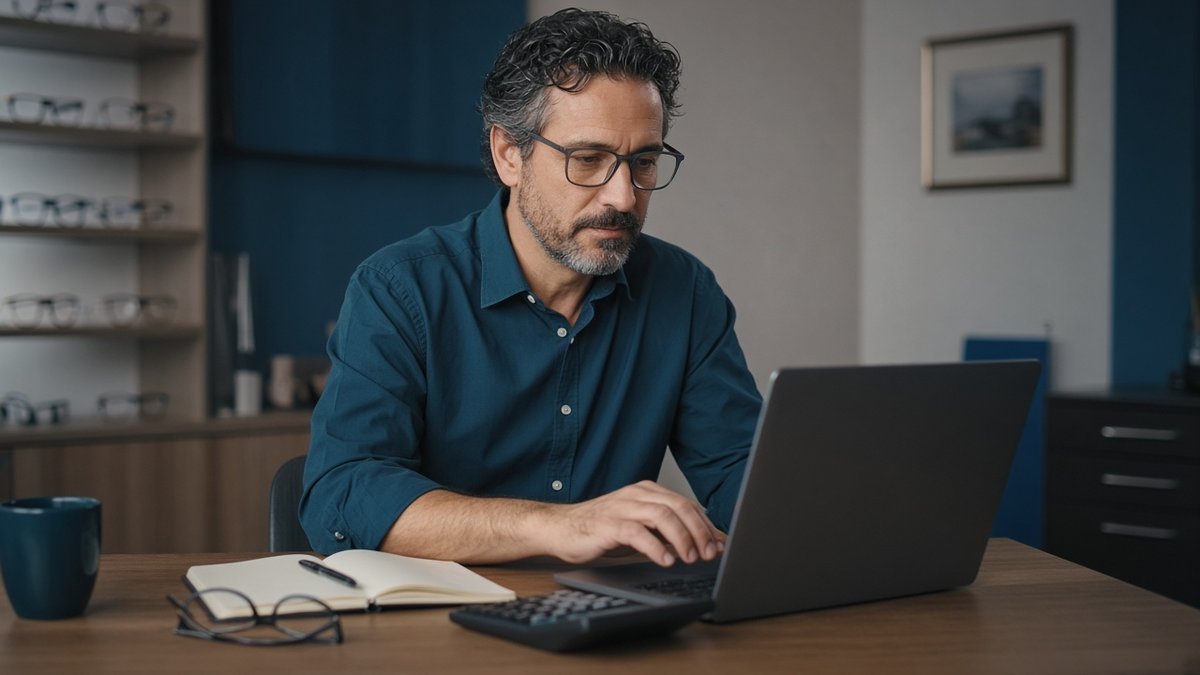 Dono de ótica analisando números financeiros no notebook em um pequeno escritório, com calculadora e caderno