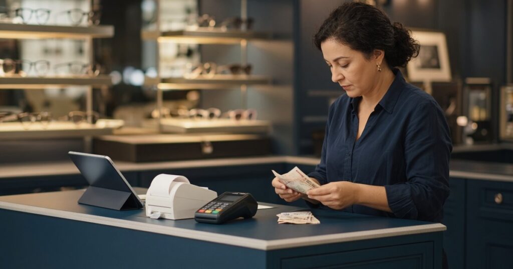 Gerente de ótica contando cédulas no balcão do caixa ao lado de maquininha de cartão, impressora de cupom e tablet
