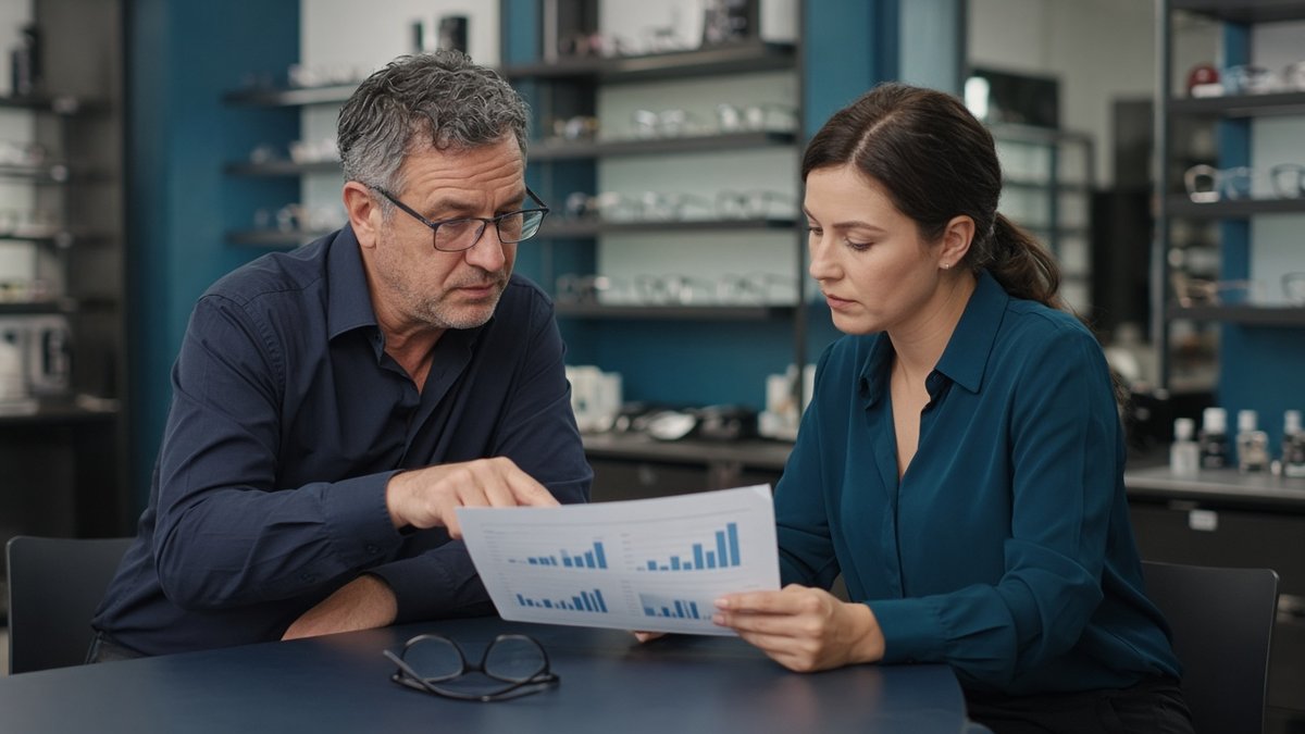 Gerente e vendedora de ótica revisando relatório impresso com gráficos de barras em uma mesa