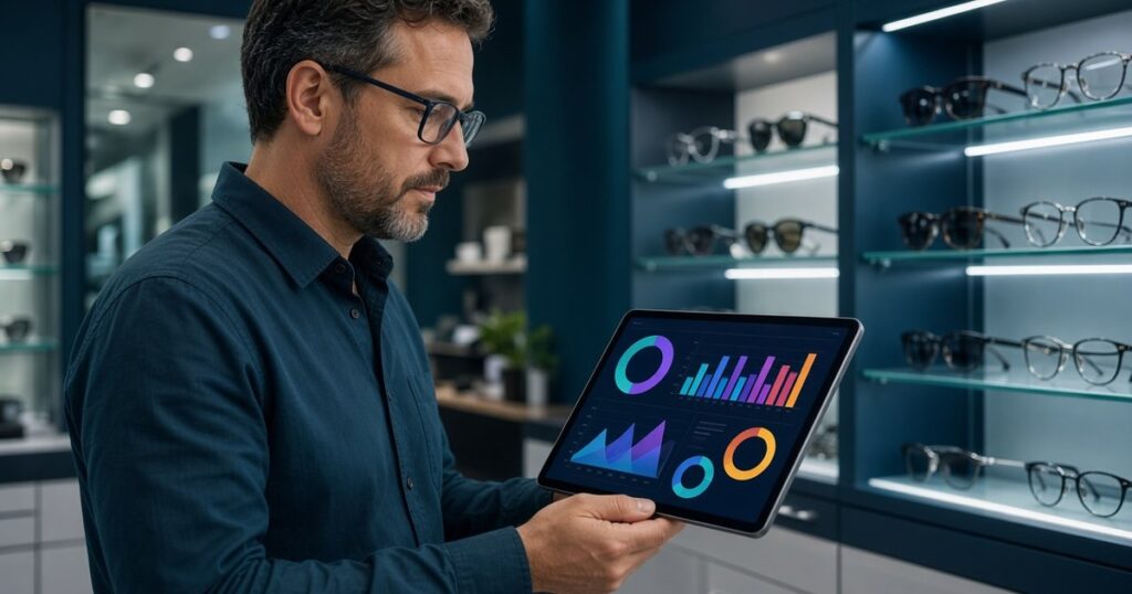 Gestora de ótica analisando gráficos de vendas em um tablet ao lado do balcão de armações