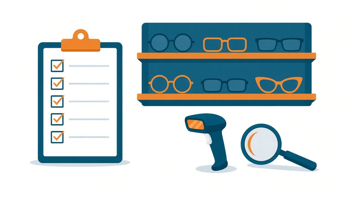 Ilustração de prancheta com checklist, prateleiras de armações, leitor de código de barras e lupa