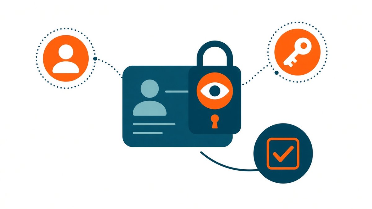 Ilustração de ficha de cliente com ícone de olho protegida por cadeado, com ícones de usuário, chave de acesso e caixa de consentimento