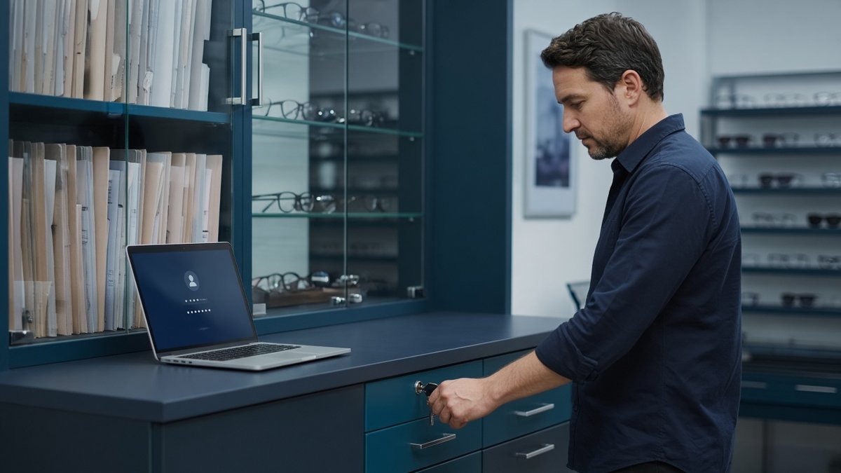Gerente de ótica trancando gaveta de arquivos enquanto notebook no balcão exibe tela de login