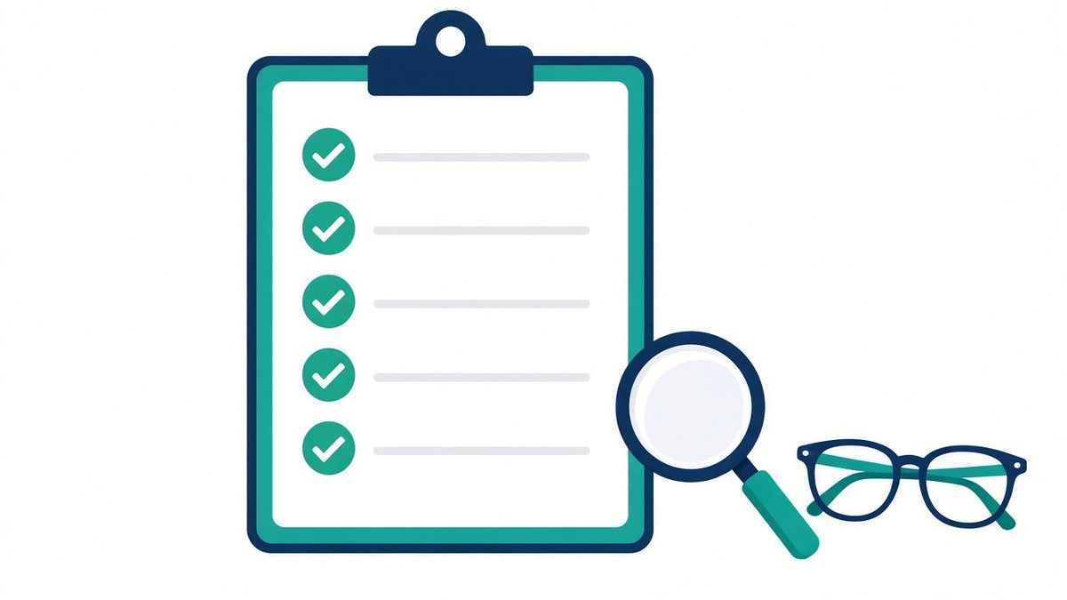 Ilustração de prancheta com checklist marcado, lupa e óculos, representando critérios para escolher um sistema para ótica
