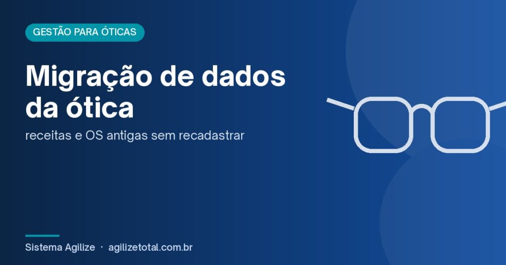 Capa do artigo "Migração de dados da ótica", com ilustração de óculos sobre fundo azul
