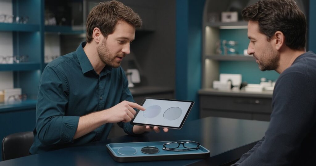 Vendedor de ótica mostrando opções de lentes em um tablet para um cliente, com amostras de lentes e armação em bandeja