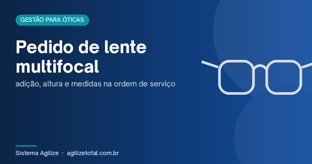 Capa do artigo "Pedido de lente multifocal", com ilustração de óculos sobre fundo azul