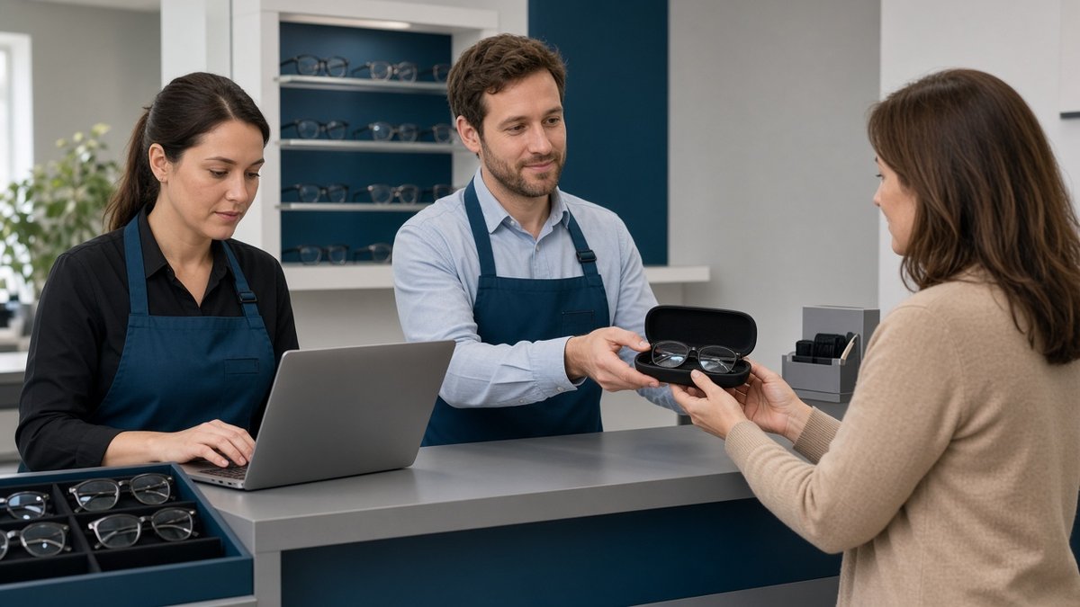 Dois atendentes de ótica no balcão, um consultando o cadastro no notebook e outro entregando óculos no estojo a uma cliente