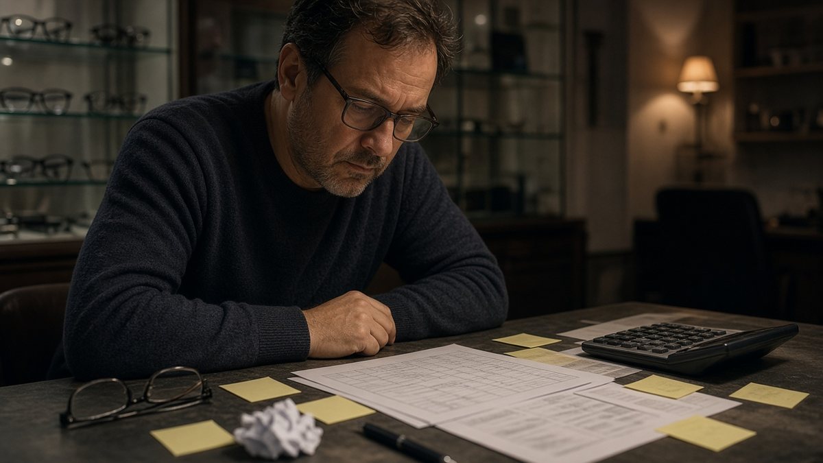 Dono de ótica cansado à noite olhando papéis e planilha impressa no balcão, com calculadora e óculos ao lado