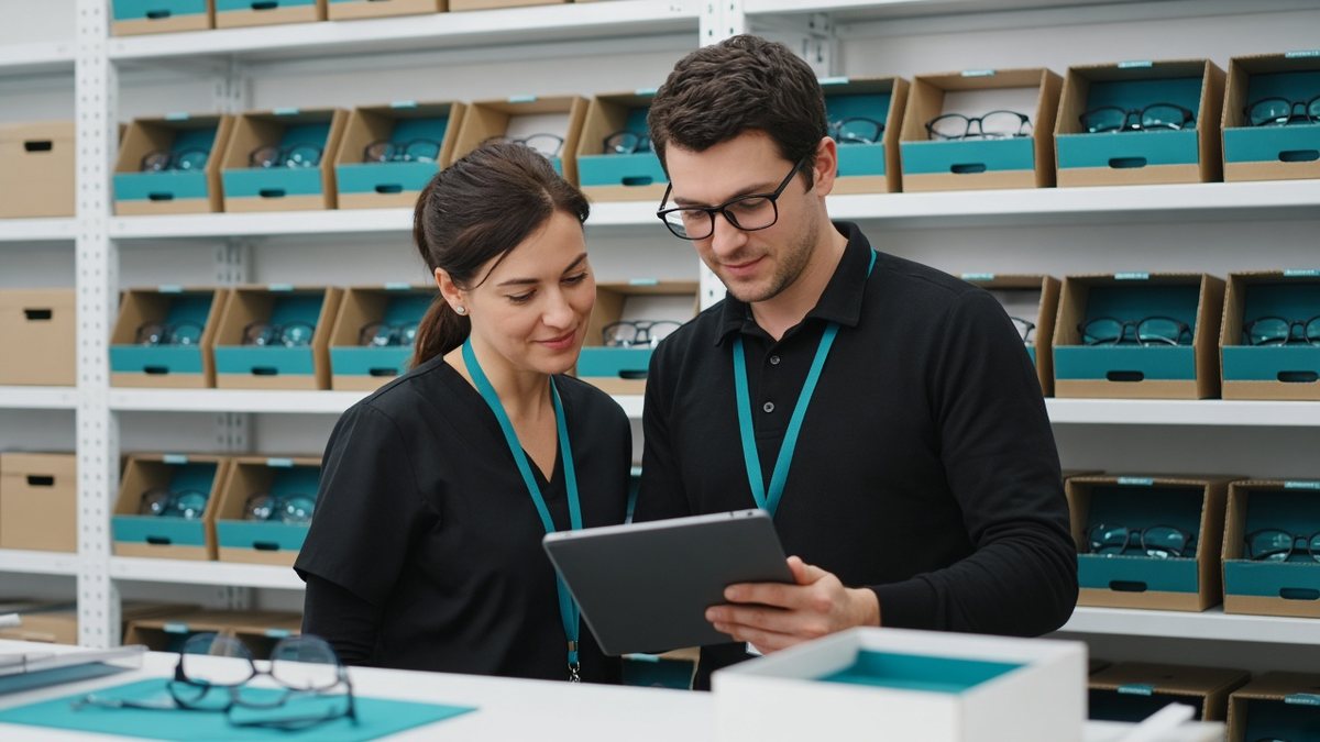 Dois funcionários de ótica consultando um tablet no estoque, com caixas de armações nas prateleiras