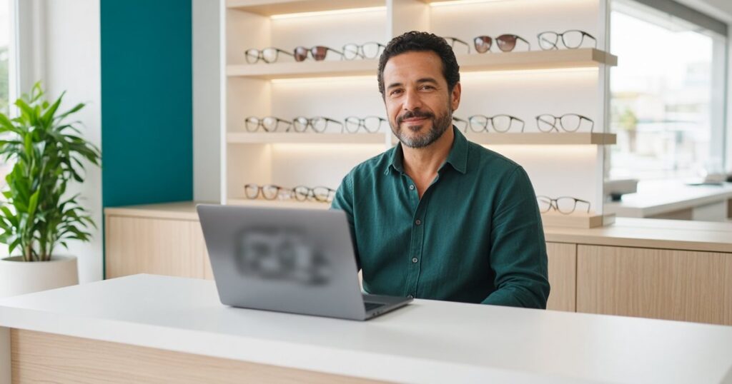Dono de ótica sorrindo atrás do balcão com notebook aberto e vitrine de armações iluminada ao fundo