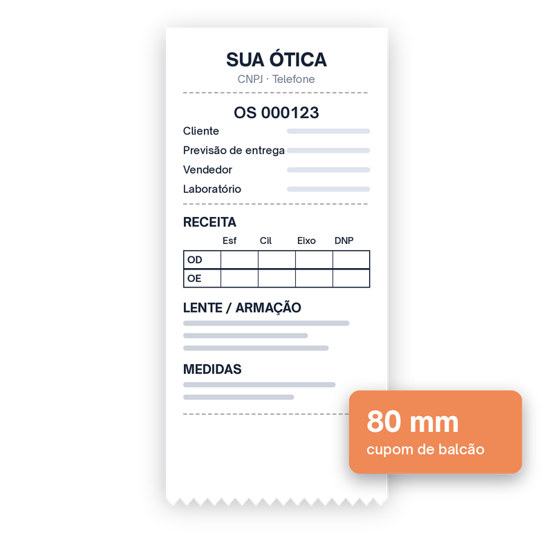 Cupom térmico de 80 mm da OS de ótica com cliente, receita, lente, armação e medidas