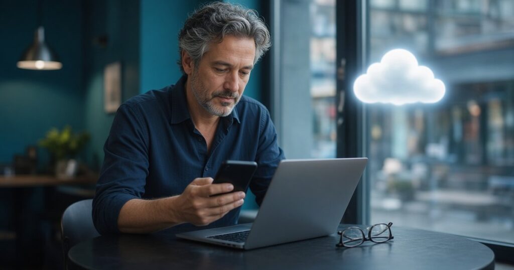 Dono de ótica acessando a gestão da loja pelo notebook e pelo celular em uma cafeteria