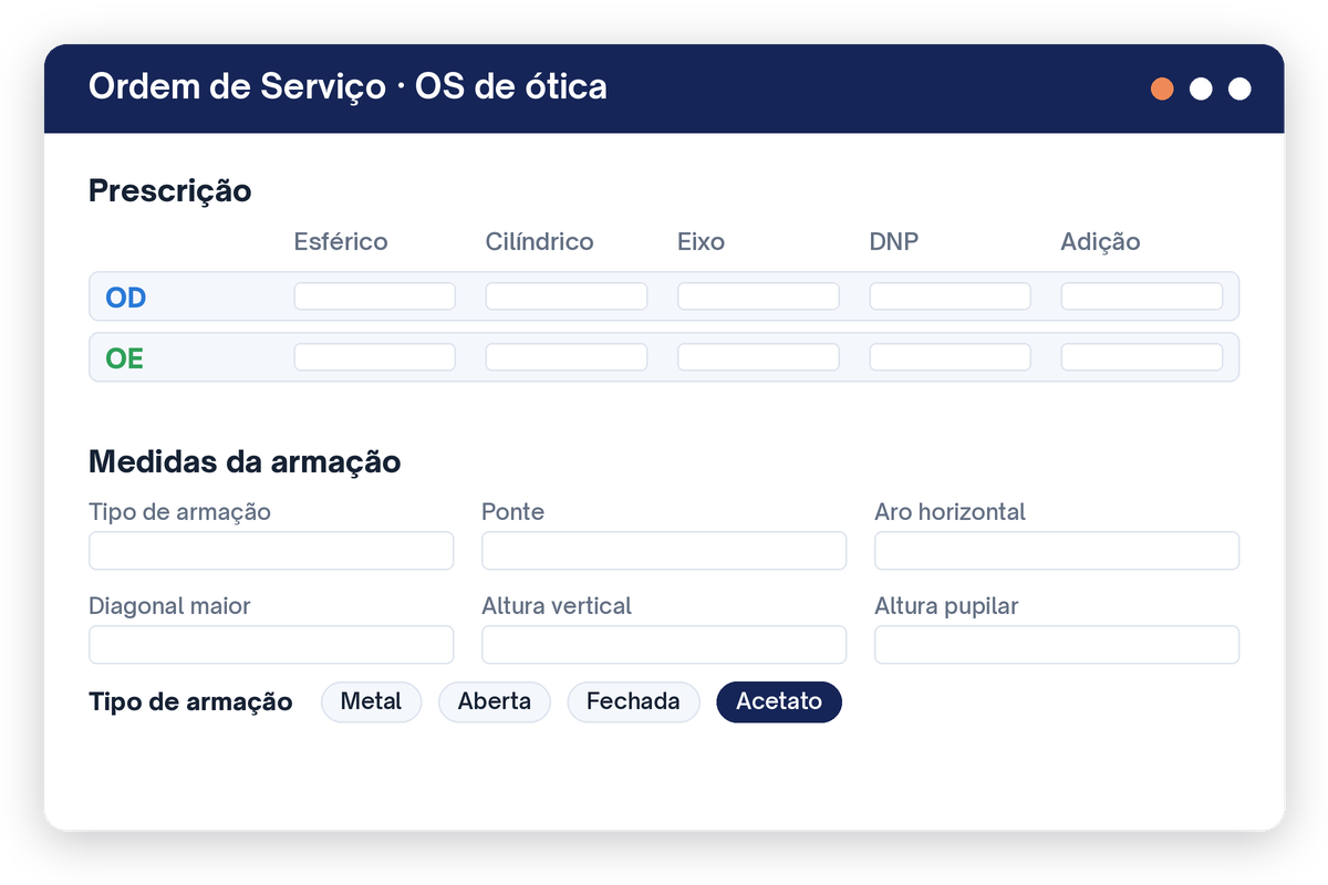 Tela da OS de ótica com tabela de receita OD e OE e medidas da armação
