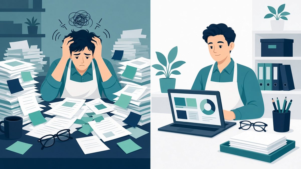 Ilustração comparando um lojista estressado com papéis espalhados e o mesmo lojista tranquilo usando um sistema no notebook